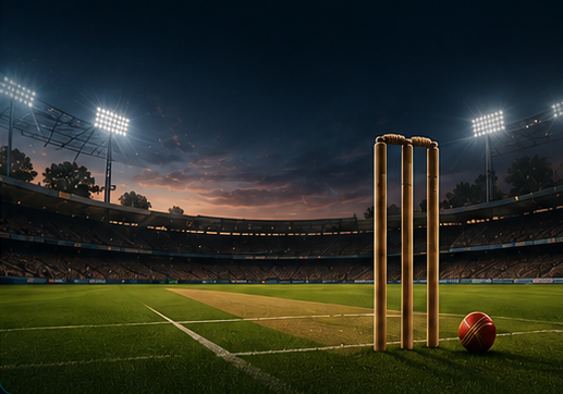 Floodlit cricket stadium at night with wickets and a red cricket ball on the pitch