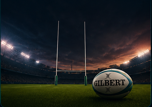 Floodlit rugby stadium at night with goal posts and a rugby ball on the grass