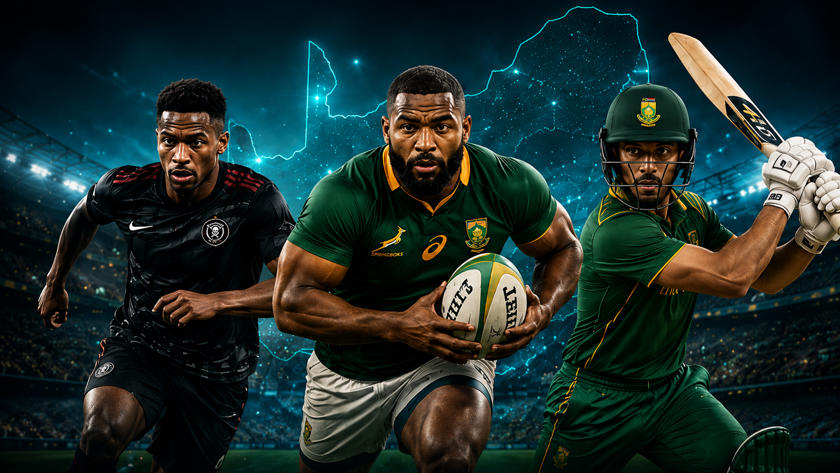 South African football, rugby and cricket athletes in front of a glowing map of South Africa in a floodlit stadium