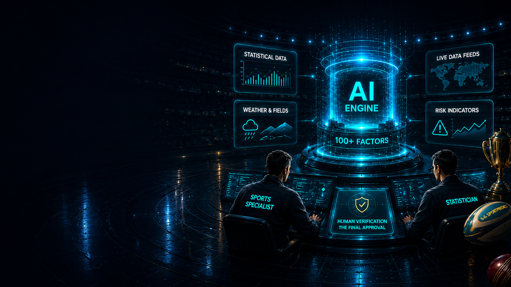 A sports specialist and a statistician reviewing forecasts at consoles facing a glowing AI engine hologram that processes 100+ statistical, tactical and contextual factors, with live data, weather, risk and human-verification panels.