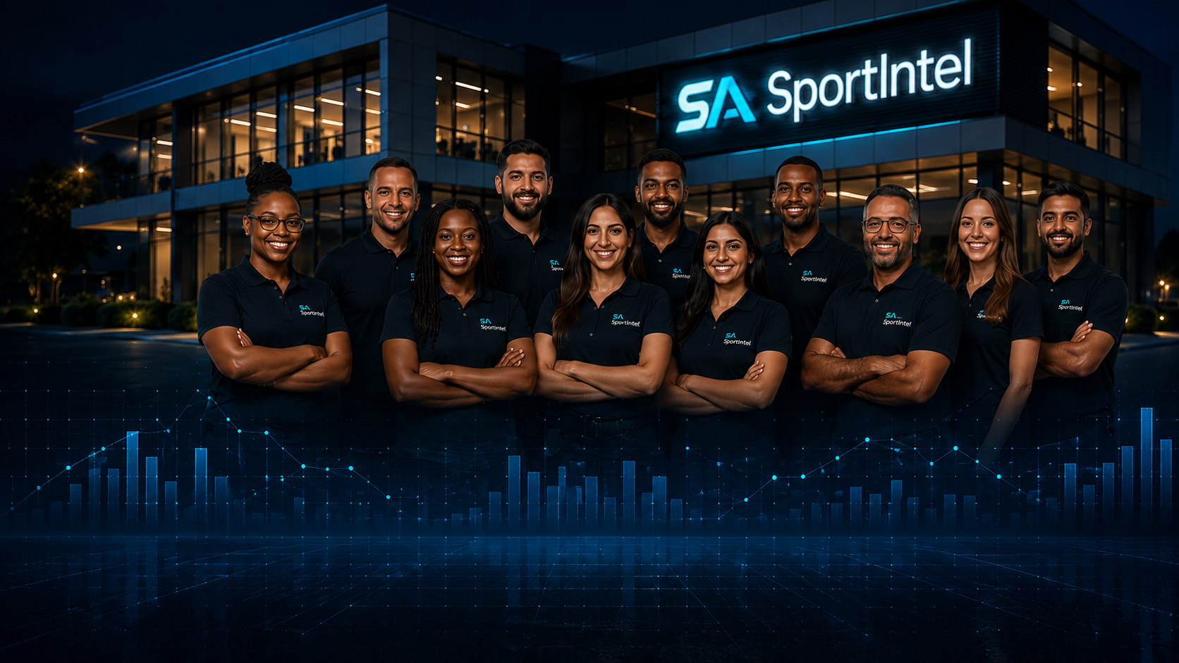 The SA SportIntel professional team standing with arms crossed in front of the illuminated SA SportIntel headquarters building at night