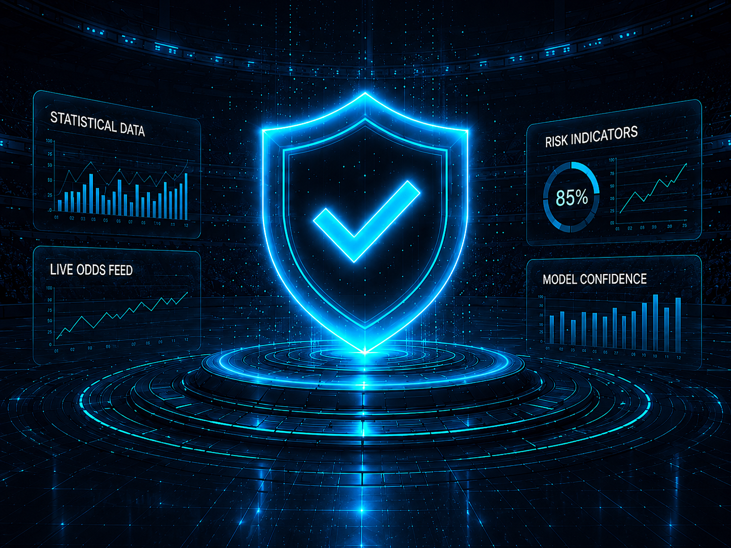 A glowing cyan shield with a checkmark on a circular digital platform inside a stadium, surrounded by floating statistical data, live odds, risk indicator and model confidence analytics panels.